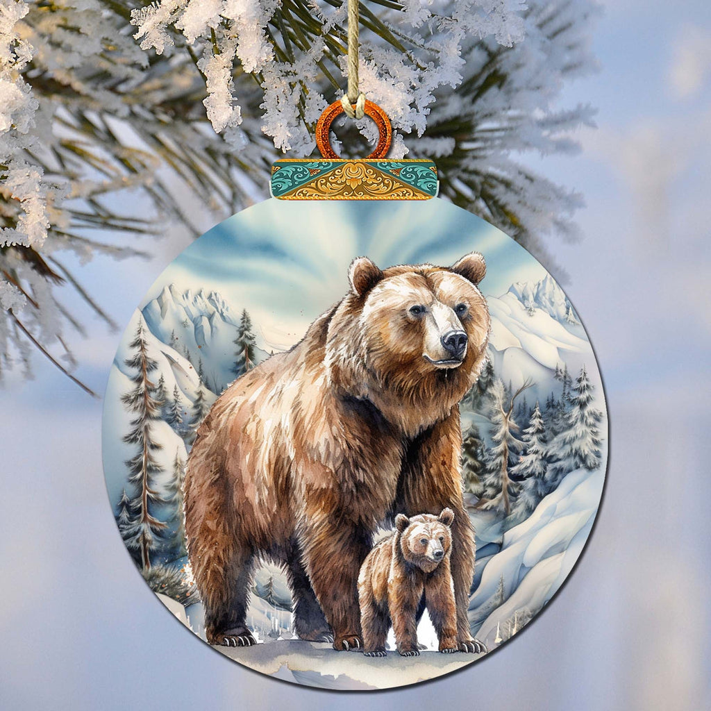 Grizzly Bear with Cub Wooden Ornaments by G.Debrekht - Wildlife Holiday Decor - 870070