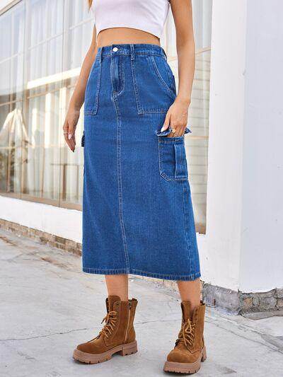 Slit Midi Denim Skirt with Pockets for Stylish Comfort