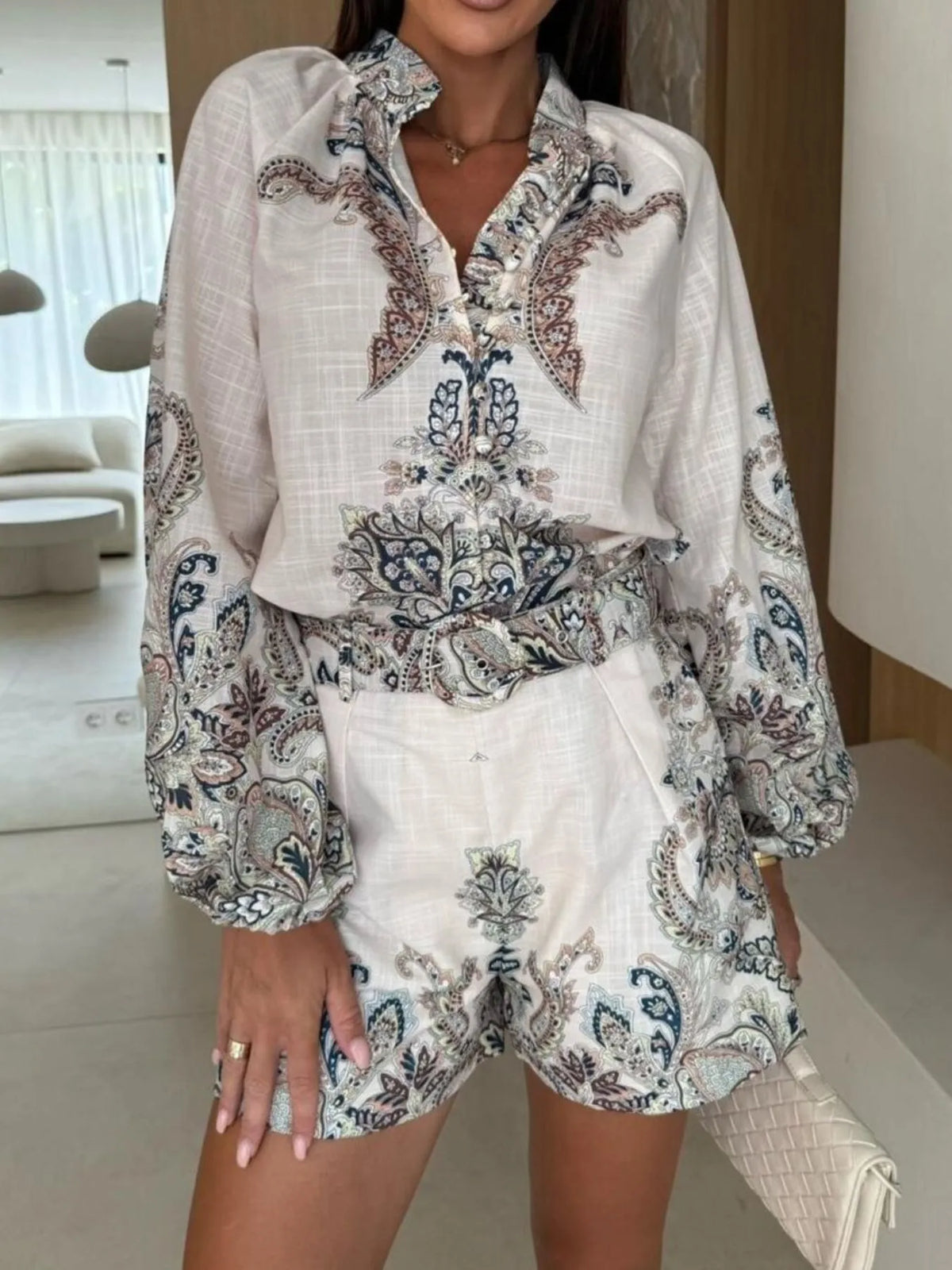 Printed Long Sleeve Shirt and Shorts Set