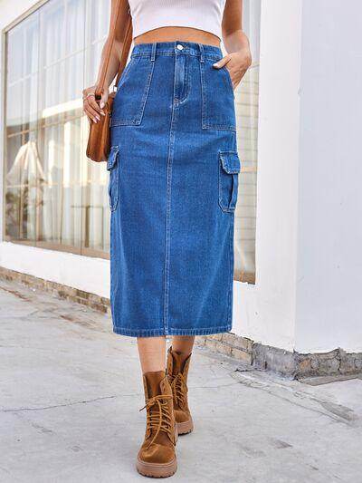 Slit Midi Denim Skirt with Pockets for Stylish Comfort