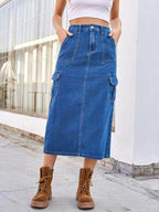 Slit Midi Denim Skirt with Pockets for Stylish Comfort